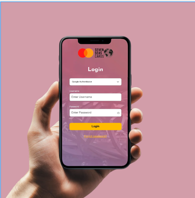 Seven Seas Cards cardholder app login screen with biometric and authenticator options